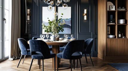 A stylish dining room with dark blue chairs and a wooden table, creating an elegant setting