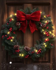 Festive Christmas Wreath with Red Bow and Lights: A rustic, traditional Christmas wreath adorned with a plush red bow, twinkling lights, and wintery berries. Perfect for holiday decor 