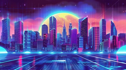 Night city skyline with glowing neon lights.