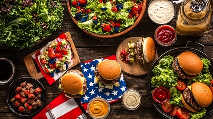 Fototapeta premium American style food with burger, salad and sauce on wooden table.