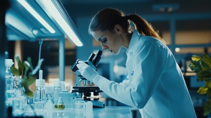 Female Scientist Using Microscope in Laboratory