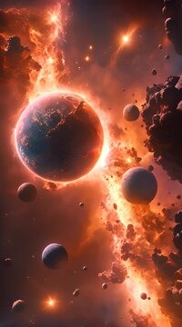 A fiery apocalypse in space destroys cosmic objects, with planets shattering like glass, stars exploding into brilliant supernovas, and asteroid belts disintegrating into glowing dust