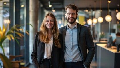 Smiling business duo standing in modern office, professional environment, portrait style.