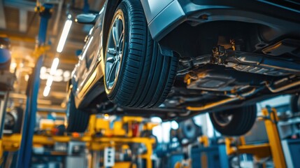 Fototapeta premium Car Undergoing Maintenance in a Garage