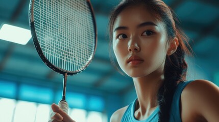 Focused Badminton Player with Racket