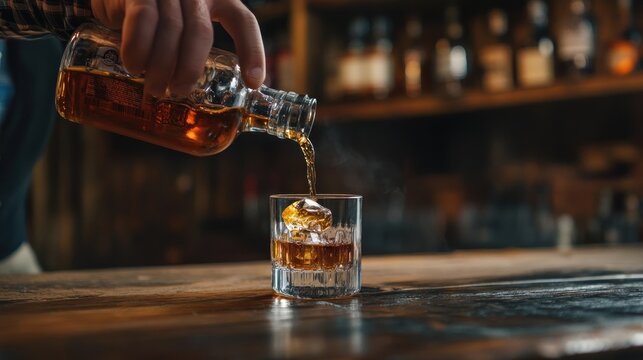 Bartender pouring a shot of whiskey into a glass with a rustic wooden bar in the background