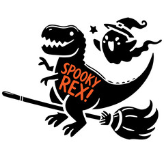 Tyrannosaurus Rex with ghost companion flying on broomstick in Halloween design