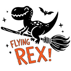 Tyrannosaurus Rex flying on a broomstick with Halloween bat in spooky design