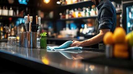Bartender wiping down the bar counter with a clean cloth, readying the space for the next round of drinks