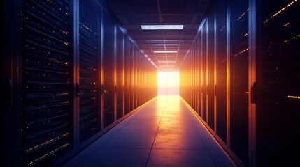 Early morning data center with rows of servers illuminated by blinking lights. Rows of servers with blinking LEDs define the atmosphere of a dawn-lit data center.