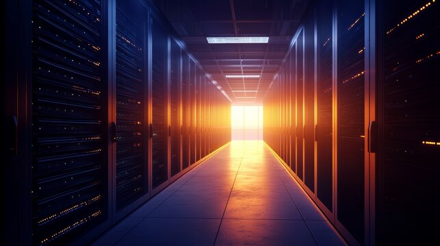 Early morning data center with rows of servers illuminated by blinking lights. Rows of servers with blinking LEDs define the atmosphere of a dawn-lit data center.