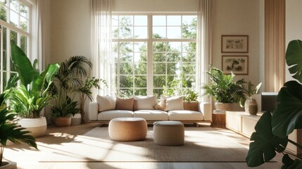 Bright and airy living room with large windows, light-colored furniture, and indoor plants