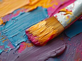 Fototapeta premium Paintbrush Resting on a Palette of Vibrant Colors