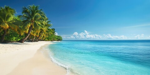 Fototapeta premium Palm trees on white sand beach by turquoise ocean.