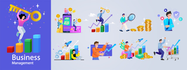 Set of business management illustrations. A collection of diverse scenes with characters and icons for financial success, data analysis, teamwork, growth strategy. Modern  vector character icon pack.