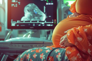 A pregnant woman sits in front of a computer monitor, busy with her work
