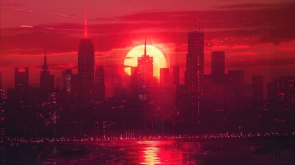 A vibrant red sunset over a city skyline, casting a warm glow on the buildings