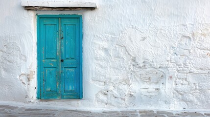 Fototapeta premium A vibrant turquoise door on a whitewashed building, creating a striking contrast