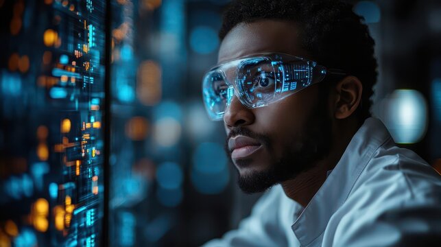 futuristic smart factory interior with a young engineer using a holographic interface to control robotic arms and automated assembly lines bathed in cool blue light