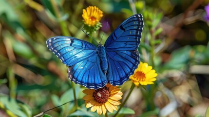 An indigo butterfly resting on a vibrant flower, its wings glowing in the sunlight