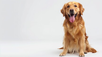 A Golden Retriever with a bow tie, sitting upright and looking sophisticated, isolated on a white background