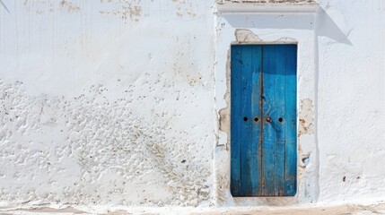 An indigo door on a whitewashed building, creating a striking contrast