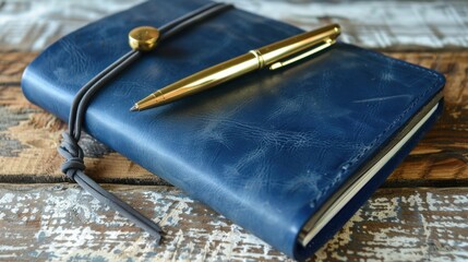An indigo leather notebook with a gold pen resting on top, ready for important notes
