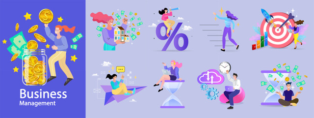 Financing business activities. Set of people in various activities of online business, startup, management, project development, communication, social media, data analysis. Business concept. vector