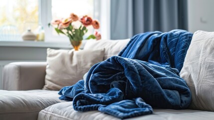 An indigo throw blanket folded neatly on a plush sofa, adding warmth to a living room