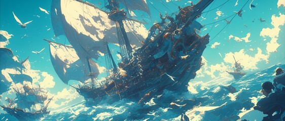 Enchanting anime-style art illustration of a big ancient pirate ship sailing on rough sea. Epic and adventurous maritime scene with high-definition clarity and detailed design. Perfect for fantasy and