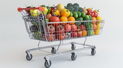 A very long shopping cart filled with groceries on a white background. Generative AI.