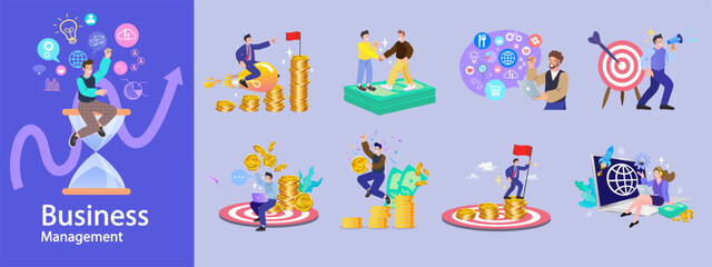 A set of illustrations for business management, showing concepts for achieving success. This collection includes hitting targets, strategic partnerships, and reaching financial goals.