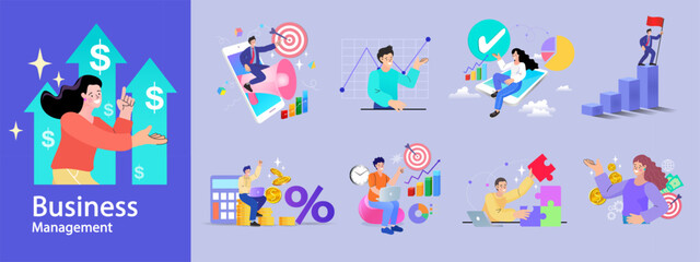 Financing business activities. Set of people in various activities of online business, startup, management, project development, communication, social media, data analysis. Business concept. vector