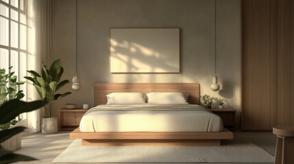 Contemporary bedroom with a platform bed, minimalist nightstands, and soft, neutral colors