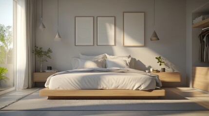 Contemporary bedroom with a platform bed, minimalist nightstands, and soft, neutral colors