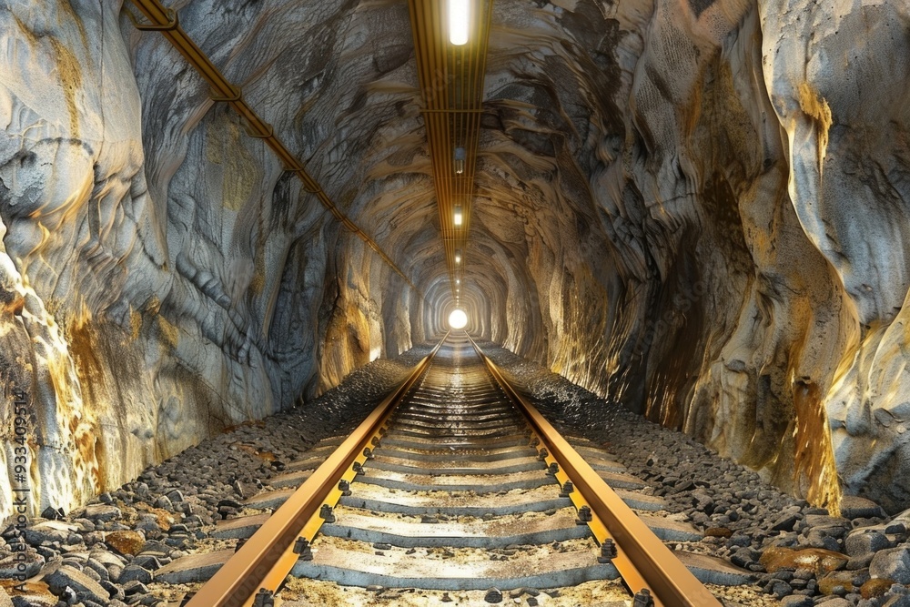 Poster a train track passes through a tunnel, illuminated by a light at the end