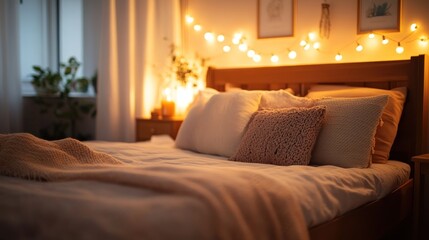 Cozy bedroom featuring a wooden bed frame, soft linens, and decorative pillows with warm lighting