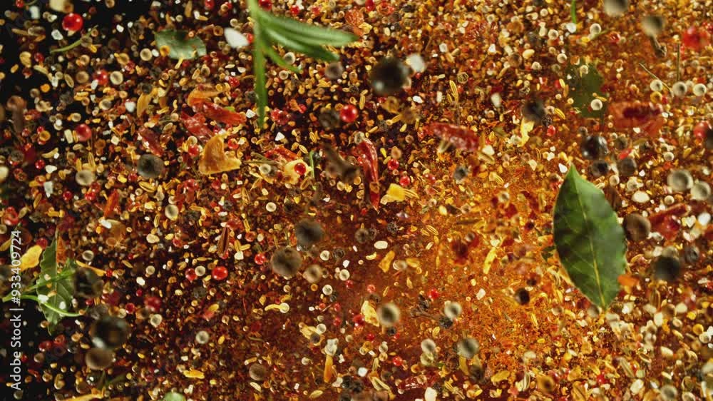 Poster super slow motion of flying and rotating spice mix. isolated on black background. filmed on high spe
