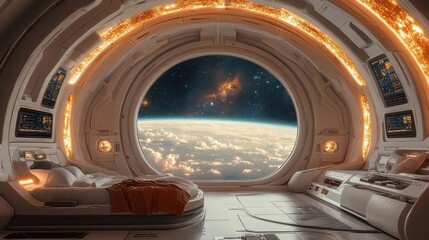 futuristic spacecraft interior with curved walls holographic control panels vast star field visible through panoramic window