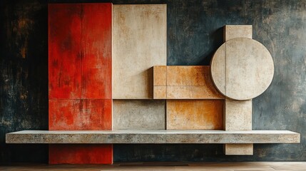Abstract Geometric Composition with Red and Beige Tiles