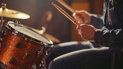 Naklejka premium Drummer playing a drum set in a rehearsal space, with cymbals and drumsticks in motion