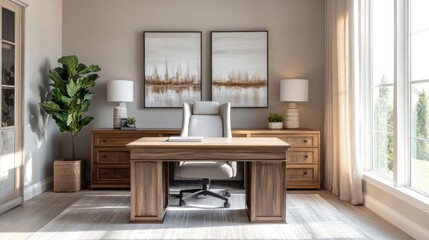 Fototapeta premium Elegant home office with a spacious desk, ergonomic chair, and decorative wall art