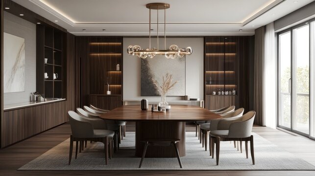 Elegant dining room with a large wooden table, upholstered chairs, and a statement chandelier