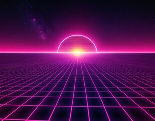 Obraz premium Retro synth wave Grid: Neon Lines and Digital Sun in a Futuristic Abstract Background. Ai Generated Image.