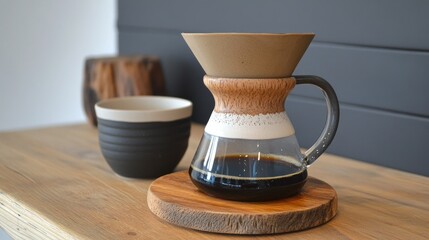 Freshly brewed coffee in a pour-over setup with a ceramic dripper and carafe