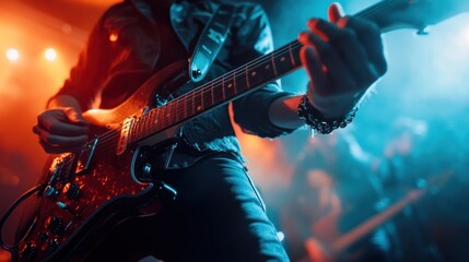 Obraz premium Guitarist playing an electric guitar in a rock band during a live performance, with dynamic lighting
