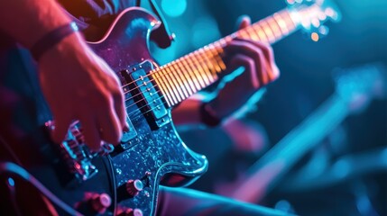 Obraz premium Guitarist playing an electric guitar in a rock band during a live performance, with dynamic lighting