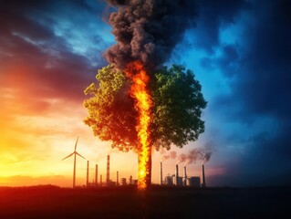 Fototapeta premium environmental conflict, a tree engulfed in flames against a backdrop of industrial pollution.