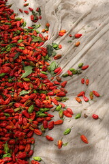 Tas de piments rouges récoltés au Sénégal. Production de fruits colorés amassée sur une toile...