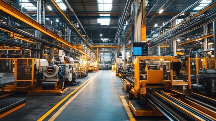 Fototapeta premium Manufacturing facility with large machinery, conveyor belts, and a busy production floor